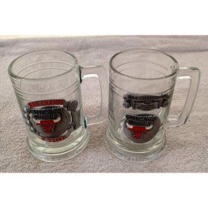 Set of 2 Chicago Bulls Steins Mugs 1996 '97 NBA Champs 5 Times Pewter Emblem Vtg